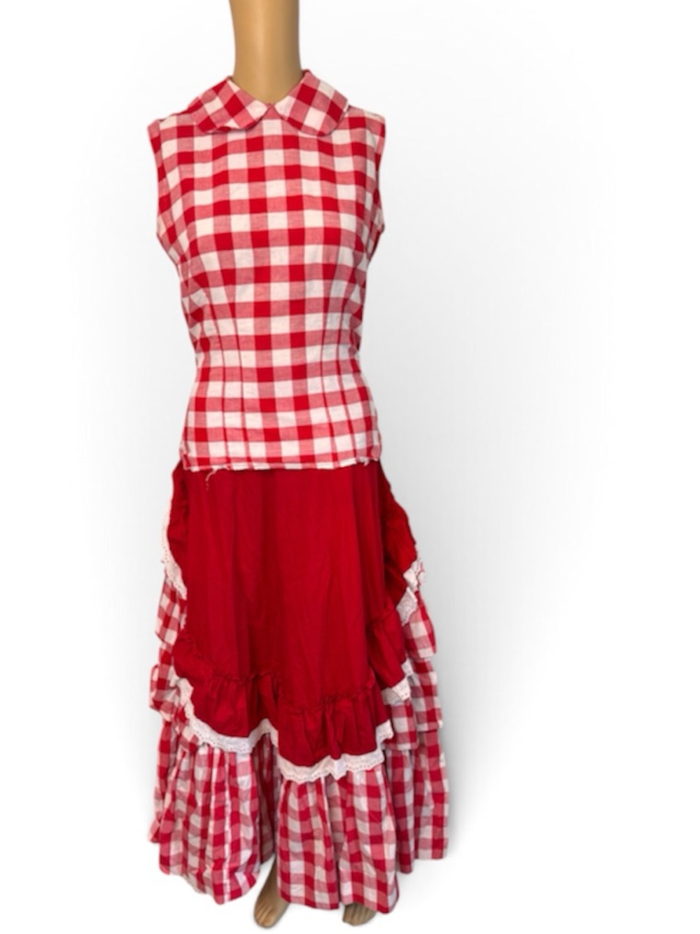 Vintage 50s Red White Plaid Sleeveless Top RUFFLES Skirt Dress Set XS Rockabilly